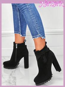 Women's Autumn/Winter Side Zipper Butterfly Decor Waterproof Platform Round Toe Anti-Slip High Heel Ankle Boots, Fashionable & Versatile Suede-Like Short Booties,Boots For Women