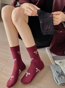 4 Pairs Women's Mid-Calf Socks With Bow And Heart Patterns, Vintage Style Socks Suitable For All Seasons, Essential For Autumn, Comfortable And Warm - Multicolor - View 8