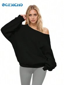 GEMCHO Women's Simple Print Open Shoulder Long Sleeve Slouchy Sweatshirt,Long Sleeve Tops Spring And Summer - Black - View 7