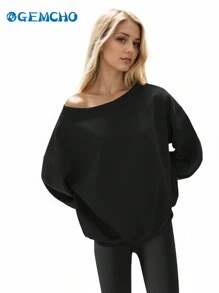 GEMCHO Women's Simple Print Open Shoulder Long Sleeve Slouchy Sweatshirt,Long Sleeve Tops Spring And Summer - Black - View 6
