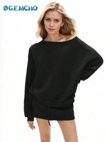 GEMCHO Women's Simple Print Open Shoulder Long Sleeve Slouchy Sweatshirt,Long Sleeve Tops Spring And Summer - Black - View 8