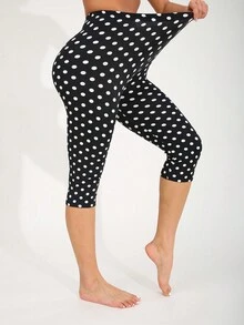 Women's Casual Sports Black Leggings With White Polka Dot Print Pattern, Stretchy And Comfortable For Fitness, Running, Weightlifting, Yoga, Outdoor Activities, Suitable For Spring/Summer