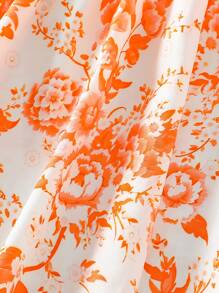 女童泡泡袖荷叶边花卉印花松紧腰公主裙，适合派对、海滩、度假、夏季