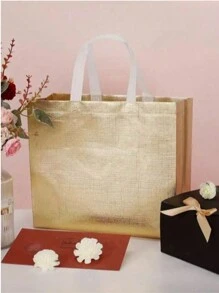 5pcs Reusable Gold Color Glossy Handle Shopping Tote Bag, Large Gift Bag For Weddings, Birthdays, Parties, Made Of Non-Woven Fabric