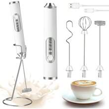 MXCOCO Agitador de Leche 6 en 1 con Base de Soporte, Espumador Eléctrico Recargable con 3 Cabezales de Acero Inoxidable y 3 Velocidades, Batidora de Mano para Espuma de Leche,Capuchino,Huevos,Harina - Blanco - Ver 1