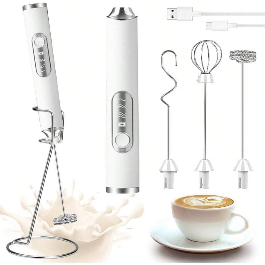MXCOCO Agitador de Leche 6 en 1 con Base de Soporte, Espumador Eléctrico Recargable con 3 Cabezales de Acero Inoxidable y 3 Velocidades, Batidora de Mano para Espuma de Leche,Capuchino,Huevos,Harina - Blanco - Ver 1