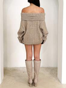 Women's Off Shoulder Sweaters Long Sleeve Solid Color Pullovers Ribbed Knit Tops - Khaki - View 4