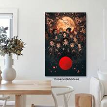 Framed Enchanting Canvas Print Of Animated Figures In Japanese Clothing, With A Glowing Red Moon And Cherry Blossoms
