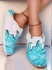 pueenb 女士新款时尚蜡染木屐，彩色卡通涂鸦印花透气凉鞋，户外海滩花园夏季鞋，防滑舒适平底圆头 EVA 材质，适合所有季节户外防滑鞋底 - 藍色 - 查看 5