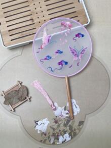 1 Stück vintage Handventilator, chinesischer runder Fächer mit Seide-Stickerei, Kranich-Blumen Heim- und Raumdekoration, Tanzfächer mit Quasten, Party-Requisiten, Weihnachts-, Valentinstags- und Neujahrgeschenk