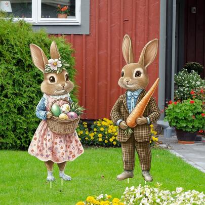 2pcs Easter Outdoor Decor Set, Large Vintage Rabbit & Carrot Eggs With Stands, Farmhouse Style Lawn Decorations, Suitable For Spring, Home Garden Parties