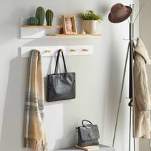 SoBuy Cabideiro de parede FHK21-WN de 2 peças com prateleiras e 5 ganchos, prateleira de parede, cabideiro para corredor, ganchos para roupas, prateleira suspensa, guarda-roupa, branco-natural