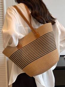 Fashion Straw Tote Bag Large Capacity Women's Shoulder Bag Bucket Bag Versatile Commute And Outdoor - Black - View 6