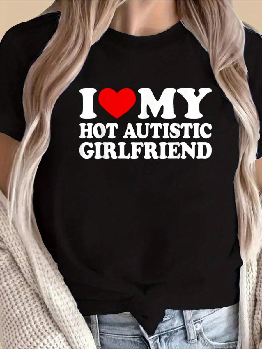 I Love My Hot Autistic Girlfriend I Heart My GF With  T-Shirt - 黑色 - 查看 1
