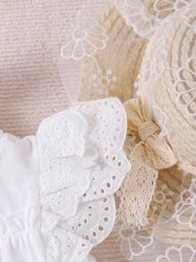 2pcs Baby Girl Floral Lace Hollow-Out Short Sleeve Blouse & Denim Shorts Set, Spring/Summer - White - View 5