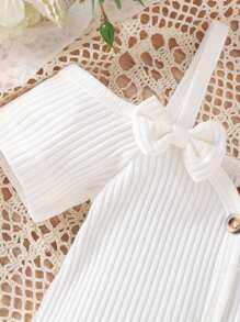 3Pcs Baby Girl Spring Outfits, Short Sleeve Cold Shoulder Romper + Flare Pants + Headband Set - White - View 5