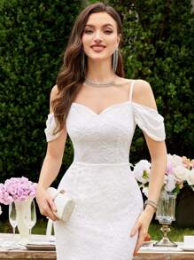 MIUSOL 白色花朵蕾丝露肩鱼尾下摆婚礼派对修身长裙，新娘