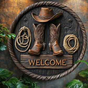 8 英寸 X 8 英寸复古铁金属“欢迎”标志墙艺术 - 带绳索的乡村牛仔靴设计，经典风格多功能壁挂装饰，适用于家庭、办公室、酒吧、派对 - 耐候、无需电力、易于安装