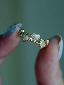 1pc Copper Inlaid Zirconia Creative Double-Layer Heart Design Elegant Fashion Ring For Women - Gold - View 7