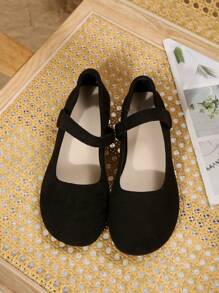 Plus Size 36-43 New Arrival Fashion Versatile Mary Jane Flat Shoes, Black Suede Fabric, Slip-On, Round Toe, Comfortable Slip-On Ballet Flats For Everyday & Work, Spring/Autumn