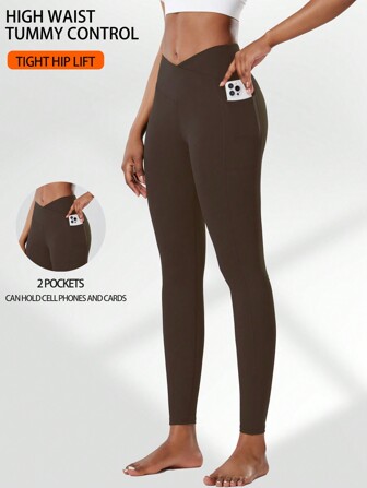 Women'S Yoga Pants With Dual Side Pockets, V-Shaped Waistline, High Waist, Slimming, Lifting, Fitness Leggings, Pilates, Workout, Compression, Quick-Dry Tights