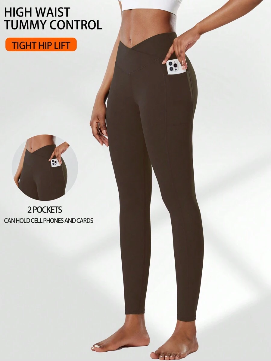 Women'S Yoga Pants With Dual Side Pockets, V-Shaped Waistline, High Waist, Slimming, Lifting, Fitness Leggings, Pilates, Workout, Compression, Quick-Dry Tights - Coffee Brown - View 1