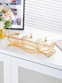 1 Set Luxury Snack Serving Plate, Wavy Pattern Dishes, Plastic Nut & Candy Tray With Lid On Golden Tray, Decorative Partition Display For Living Room Coffee Table, Suitable For Ramadan