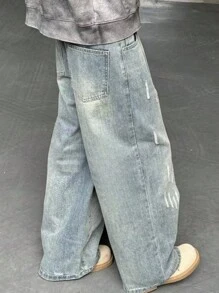 Teenage Boys' Vintage Blue Washed Vertical Stripe Distressed Casual Jeans, Spring/Autumn New American Style Mid/Plus Size Boys Retro Ripped Straight Leg Trousers