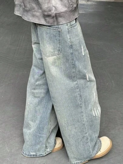 复古水洗蓝色条纹做旧休闲牛仔裤，青少年款，美式复古风，直筒裤型，春秋季新品，适合中高个青少年男孩和学生穿着。