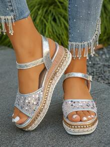 Giày sandal đế xuồng bằng vải lanh mùa hè cỡ lớn 36-43 đế dày đế xuồng lưới bạc đính đá lấp lánh, đế dày cho nữ, mặc hàng ngày, tăng chiều cao - Bạc - Xem 5