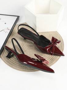 女士酒红色高跟鞋，4厘米猫跟，适合派对和正式场合，套脚式无后跟尖头高跟鞋，蝴蝶结松紧带