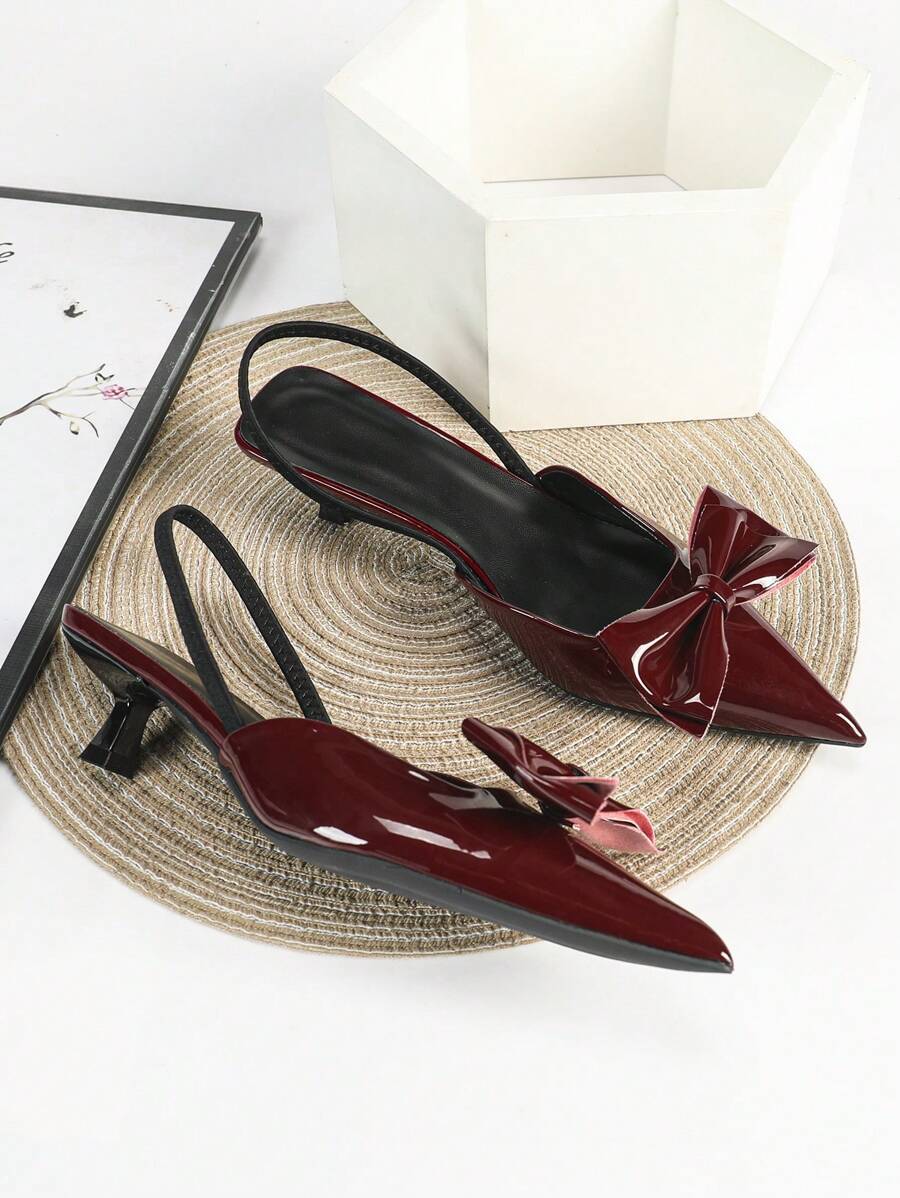 女士酒红色高跟鞋，4厘米猫跟，适合派对和正式场合，套脚式无后跟尖头高跟鞋，蝴蝶结松紧带