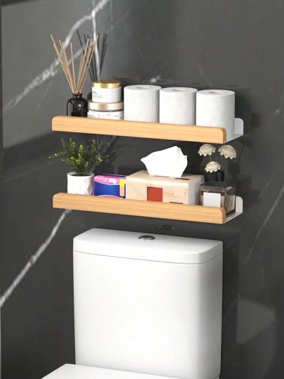 1pc White/Black Wooden Bathroom Storage Rack, Multi-Functional Toilet Shelf, Wall Mounted No-Drill Storage Rack For Toiletries And Toilet Paper, Space Saving Bathroom Organizer Bathroom Accessories Bathroom Tools