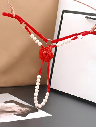 Chanclas con decoración de flores, bragas transparentes con anillos enlazados y perlas falsas, lencería y ropa interior sexy para mujeres, esenciales sexy para Halloween y Navidad