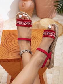 Sandalias planas de moda para mujer, pantuflas de playa antideslizantes, sandalias planas de estilo bohemio, sandalias elegantes con banda elástica para primavera y verano - Rojo - Ver 4