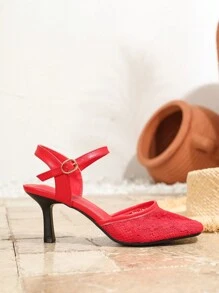 Rode schoenen met hoge hakken en kanten bloemenmotief, ademende muiltjes met vierkante neus en stiletto's voor dames