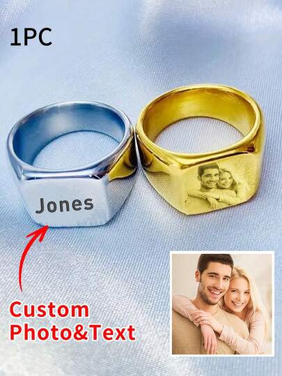 1pc Custom Engraving Photo/Text Titanium Steel Signet Rings, Personalized Engraved Signet Rings For Men With Picture, Customized Biker Rings For Men, Customizable Couple Photo Ring, 6 Sizes:XS/S/M/L/XL/XXL, 2 Colors: Silver/Gold, Valentines Party Favors, Valentine Day Decor, Accessories Women