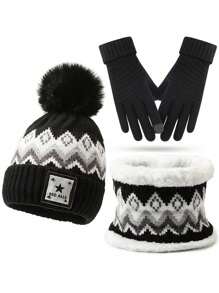 Conjunto de 3 peças: gorro de tricô com punho, cachecol e luvas. Inclui gorro térmico com letras, cachecol de lã e luvas de inverno com dedos completos. Ideal para homens e mulheres. Gorro casual de lã, resistente ao vento e ao frio, com cachecol de pelúcia grosso e luvas jacquard. Perfeito para presentes de Natal e Dia dos Namorados. - Multicolorido - Ver 15