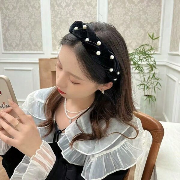 New Year Wide Brim High Crown Faux Pearl Hair Clip Velvet Headband Headpiece, Elegant, Hair Band, Hair Hoop