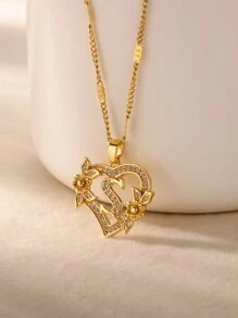 1件优雅锆石心形花朵字母吊坠项链，浪漫金色不锈钢链条字母项链，时尚饰品，圣诞礼物 - 字母 - 查看 12