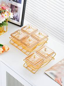 1 Set Luxury Snack Serving Plate, Wavy Pattern Dishes, Plastic Nut & Candy Tray With Lid On Golden Tray, Decorative Partition Display For Living Room Coffee Table, Suitable For Ramadan