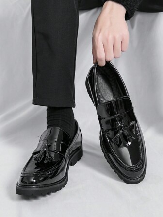 Men's Tassel Loafers, Business Casual Formal Dress Shoes, Shiny Slip-On Suitable For Wedding, Party, Nightclub, And Everyday Wear