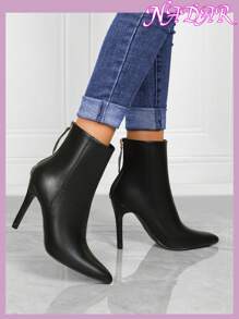 2024 Autumn/Winter New Fashionable Sexy Pointed Toe 10cm Thin High Heel Ankle Boots, PU Material, Commuting, Back Zipper, Non-Slip, Slimming Design - Black - View 6