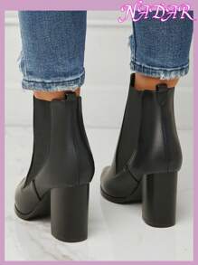 女士时尚尖头粗跟一脚蹬切尔西靴，户外通勤仿皮美式短靴，秋冬，女靴 - 黑色 - 查看 4