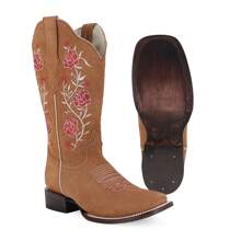 Botas Vaqueras para Mujer con Bordado Floral de Media Pantorrilla, Comodas en Piel de Res Autentica - Miel - Ver 5