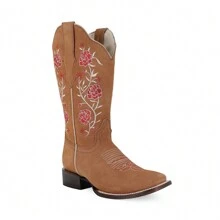 Botas Vaqueras para Mujer con Bordado Floral de Media Pantorrilla, Comodas en Piel de Res Autentica - Miel - Ver 4