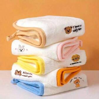 5pcs-1pc Soft And Absorbent Square Towel With Embroidered Animal Design, Compact And Portable For Bathroom, Kitchen, And Travel