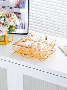 1 Set Luxury Snack Serving Plate, Wavy Pattern Dishes, Plastic Nut & Candy Tray With Lid On Golden Tray, Decorative Partition Display For Living Room Coffee Table, Suitable For Ramadan