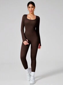 NcmRyu 1 Set Seamless Women Solid Color Long Sleeve Jumpsuit With Tight Fit U Neckline Comfortable Activewear For Fitness Gym Running And Outdoor Activities Summer Conjunto Deportivo Mujer - 棕色 - 查看 1