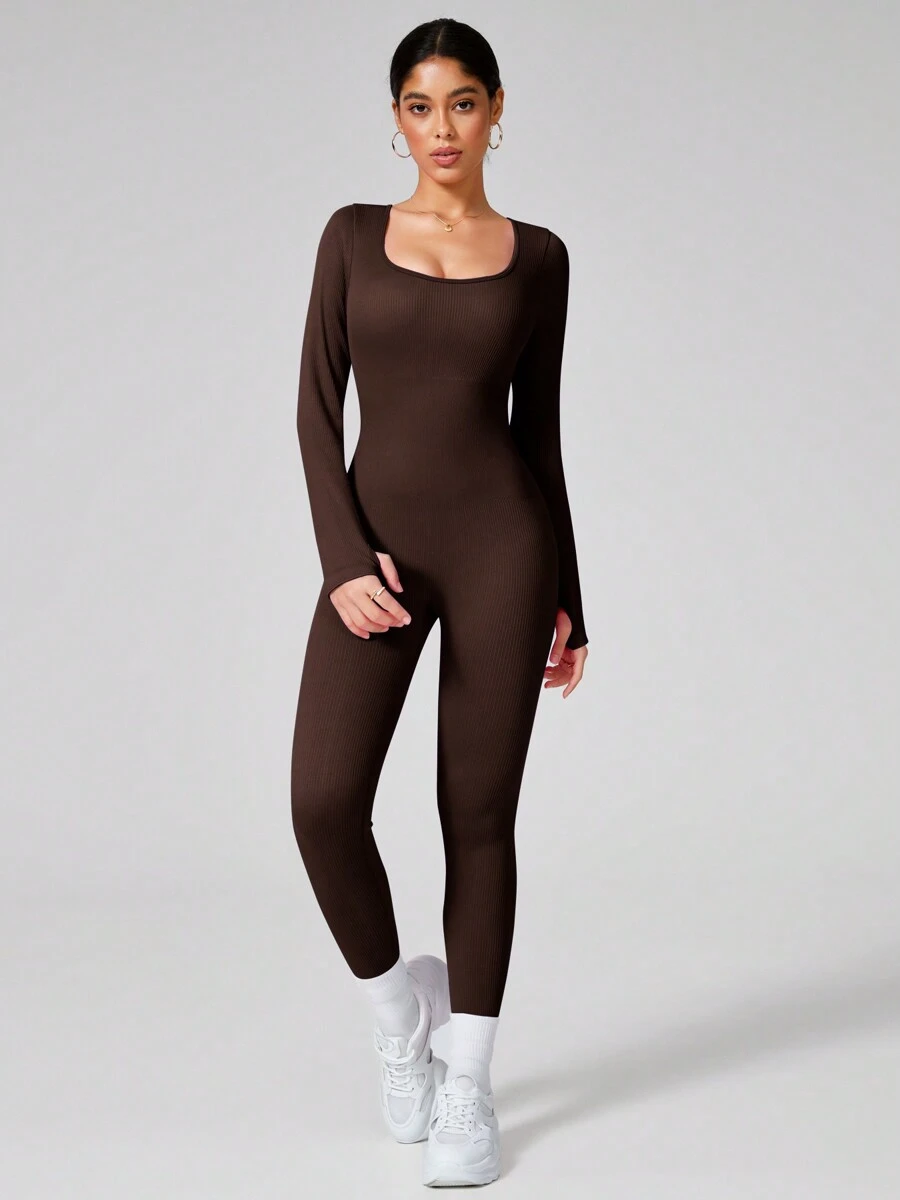 NcmRyu 1 Set Seamless Women Solid Color Long Sleeve Jumpsuit With Tight Fit U Neckline Comfortable Activewear For Fitness Gym Running And Outdoor Activities Summer Conjunto Deportivo Mujer - 棕色 - 查看 1